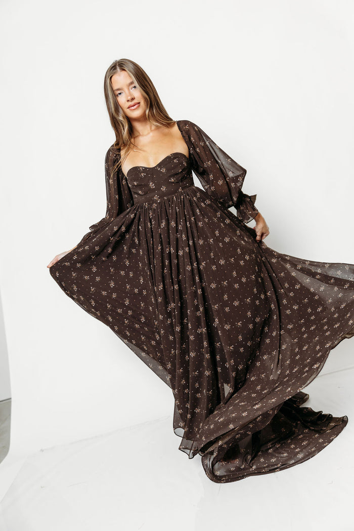 Delilah Maxi Dress with Train in Deep Coffee Brown - Bump Friendly *9/3 PRE-ORDER*