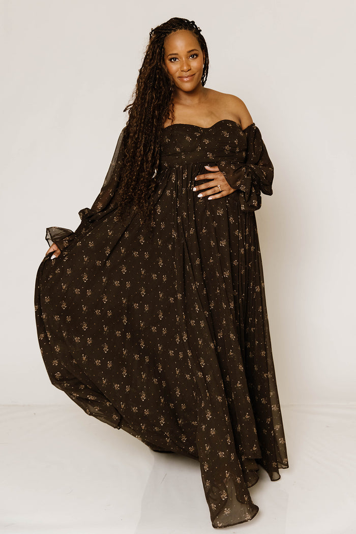 Delilah Maxi Dress with Train in Deep Coffee Brown - Bump Friendly *9/3 PRE-ORDER*