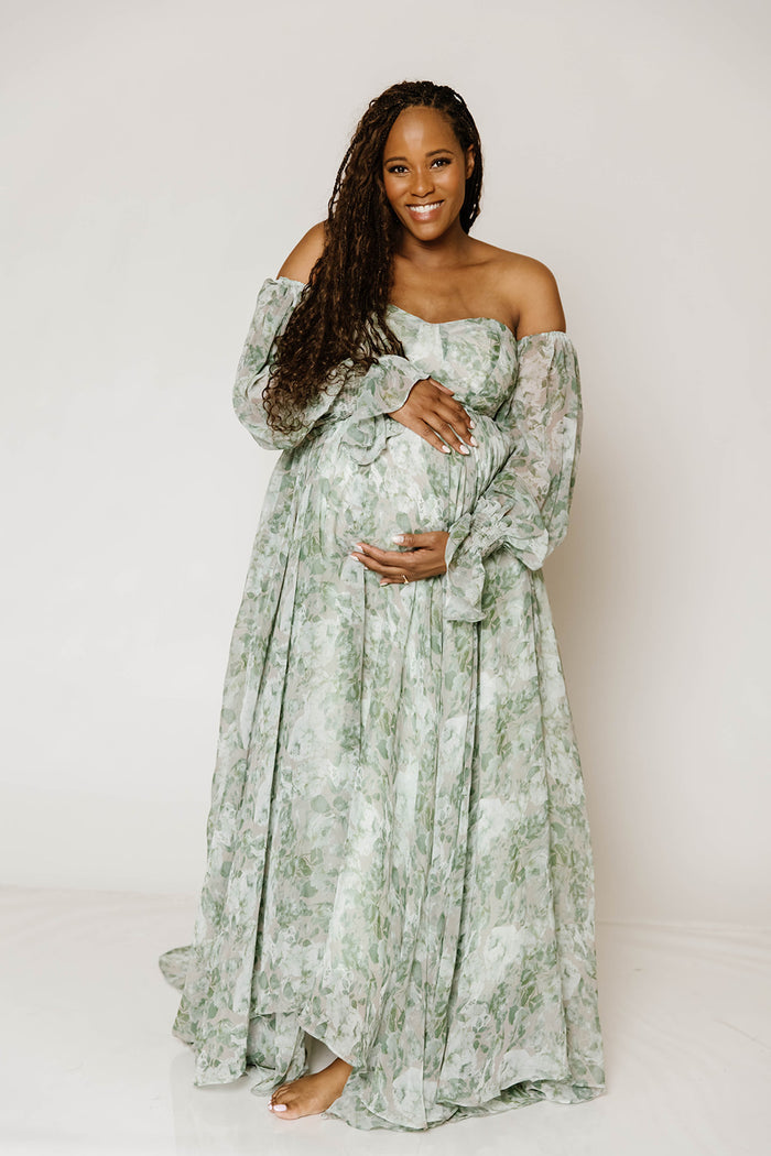 Delilah Maxi Dress with Train in Green Floral - Bump Friendly *10/1 PRE-ORDER*