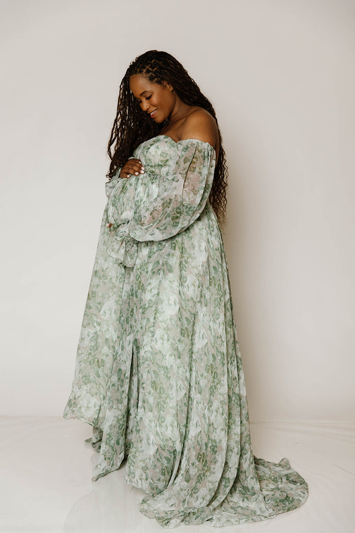 Delilah Maxi Dress with Train in Green Floral - Bump Friendly *10/1 PRE-ORDER*