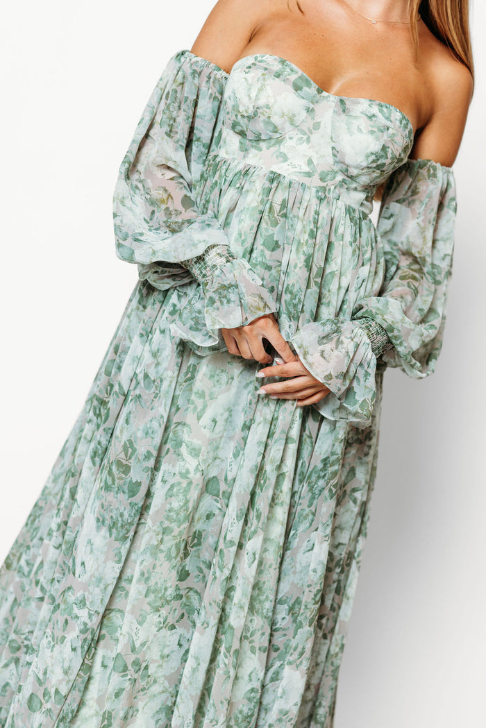 Delilah Maxi Dress with Train in Green Floral - Bump Friendly *10/1 PRE-ORDER*
