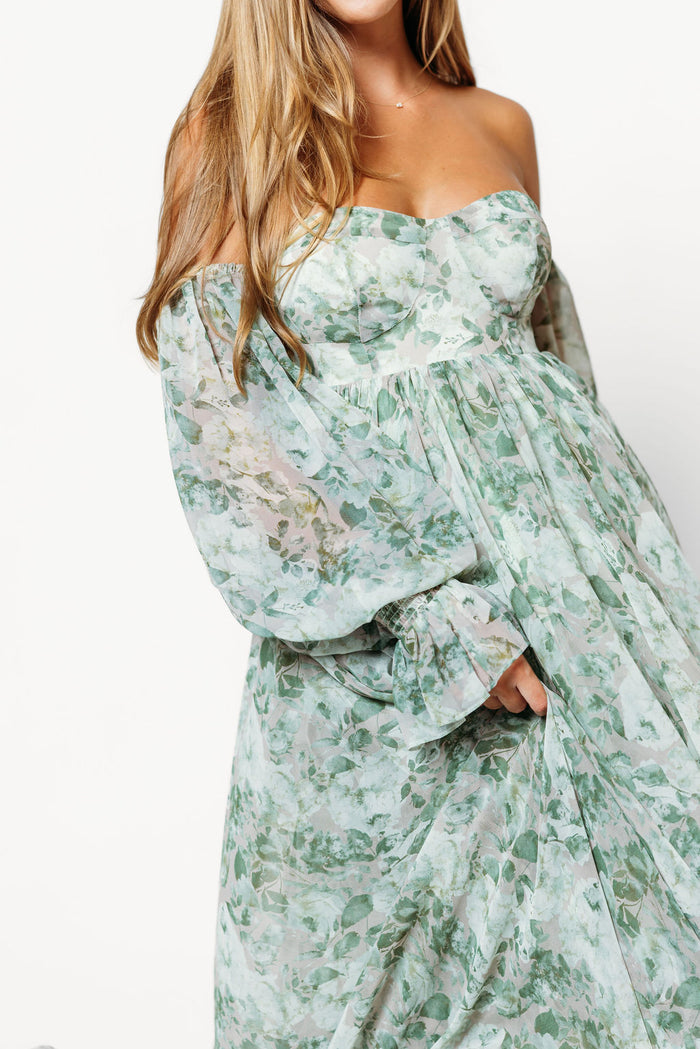 Delilah Maxi Dress with Train in Green Floral - Bump Friendly *10/1 PRE-ORDER*