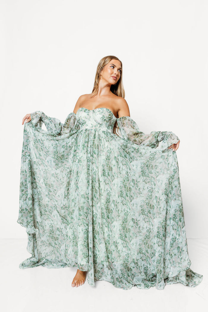 Delilah Maxi Dress with Train in Green Floral - Bump Friendly *10/1 PRE-ORDER*