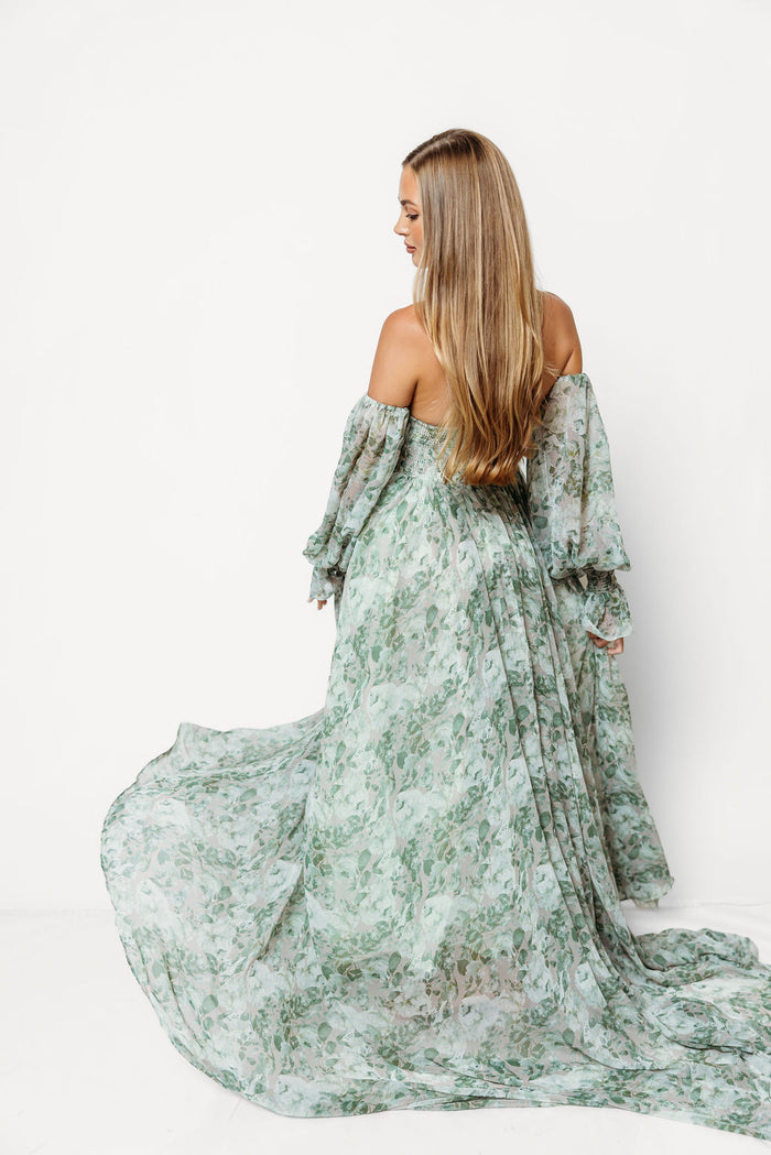 Delilah Maxi Dress with Train in Green Floral - Bump Friendly *10/1 PRE-ORDER*