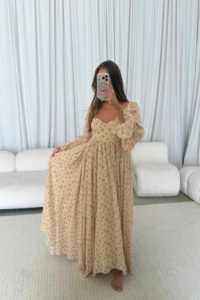 Delilah Maxi Dress with Train in Honey Brown Floral - Bump Friendly *9/3 PRE-ORDER*