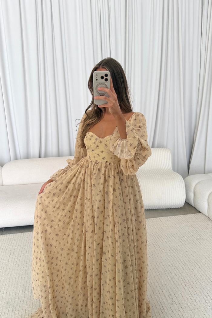 Delilah Maxi Dress with Train in Honey Brown Floral - Bump Friendly *9/3 PRE-ORDER*