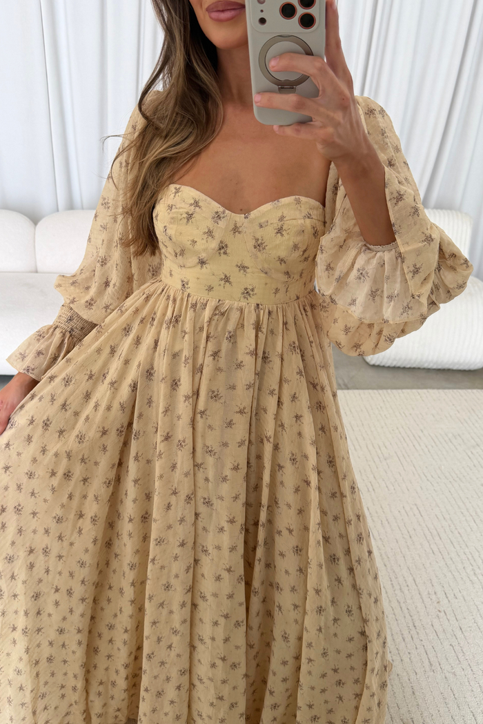 Delilah Maxi Dress with Train in Honey Brown Floral - Bump Friendly *9/3 PRE-ORDER*