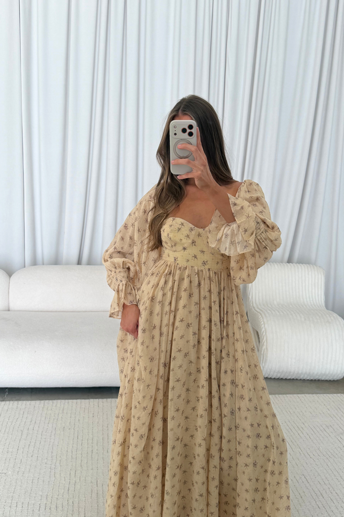 Delilah Maxi Dress with Train in Honey Brown Floral - Bump Friendly *9/3 PRE-ORDER*