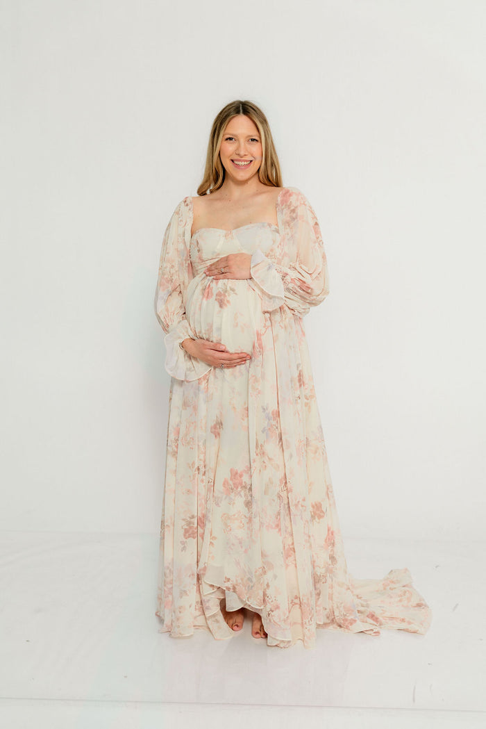 Delilah Maxi Dress with Train in Ivory - Bump Friendly