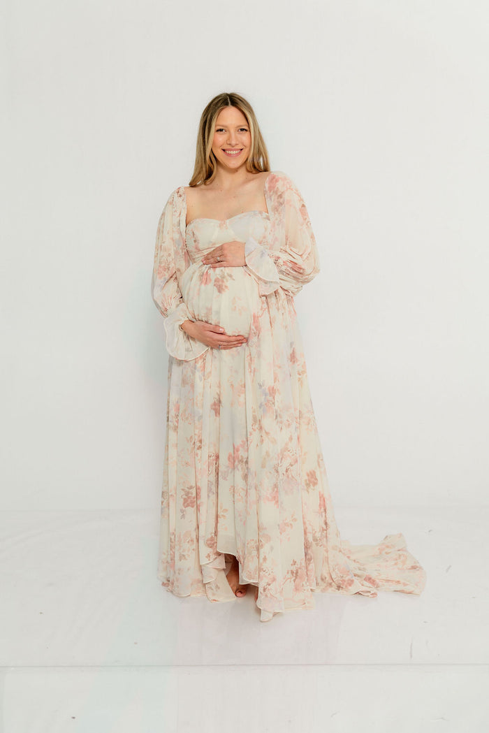 Delilah Maxi Dress with Train in Ivory - Bump Friendly