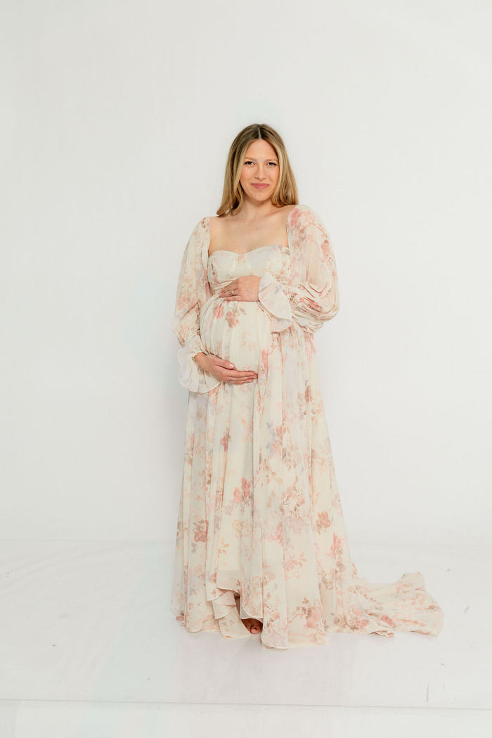 Delilah Maxi Dress with Train in Ivory - Bump Friendly