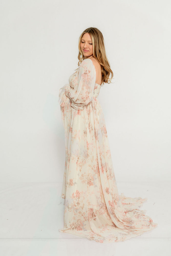 Delilah Maxi Dress with Train in Ivory - Bump Friendly