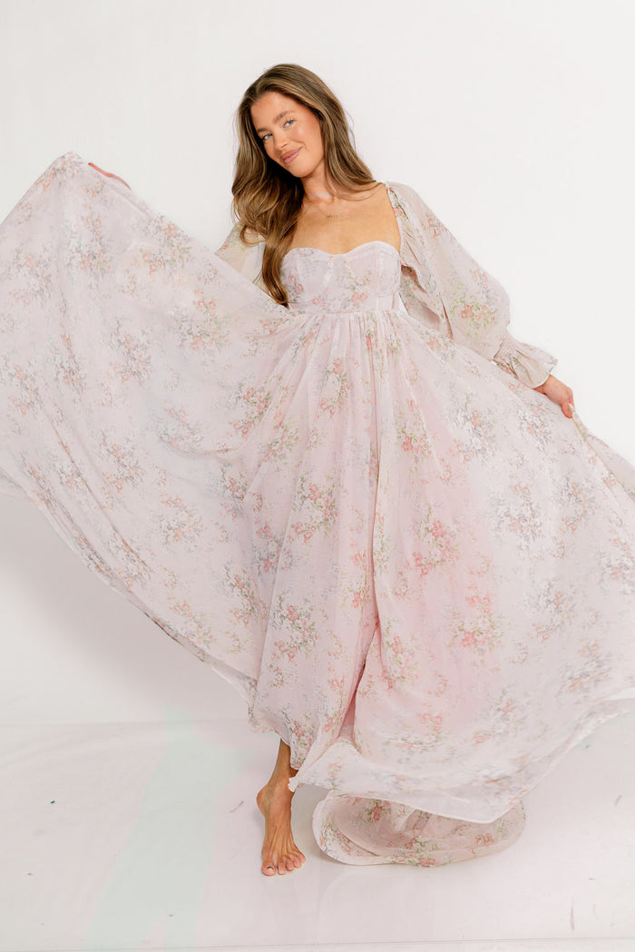 Delilah Maxi Dress with Train in Muted Blush Floral - Bump Friendly