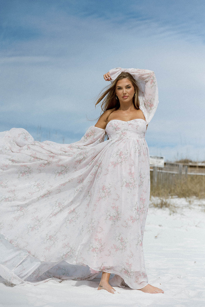 Delilah Maxi Dress with Train in Muted Blush Floral - Bump Friendly