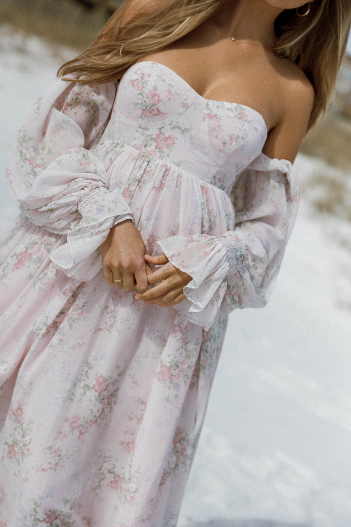 Delilah Maxi Dress with Train in Muted Blush Floral - Bump Friendly