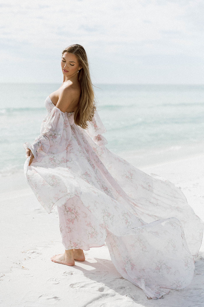 Delilah Maxi Dress with Train in Muted Blush Floral - Bump Friendly