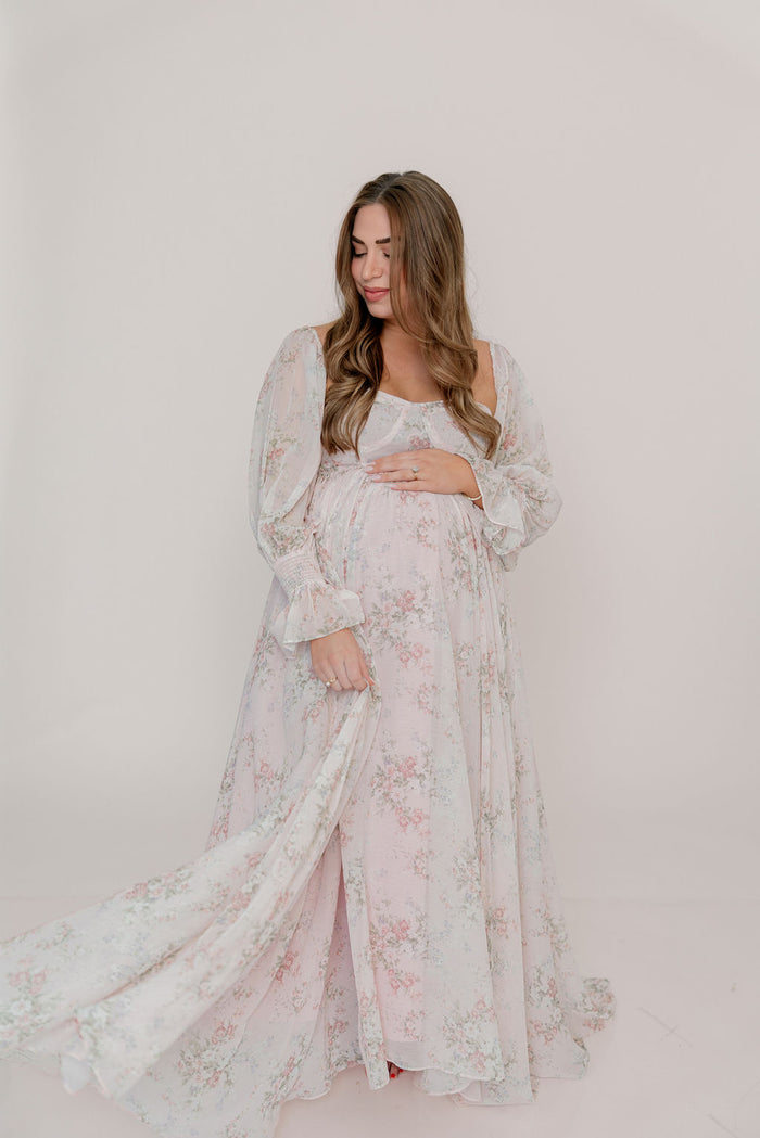 Delilah Maxi Dress with Train in Muted Blush Floral - Bump Friendly