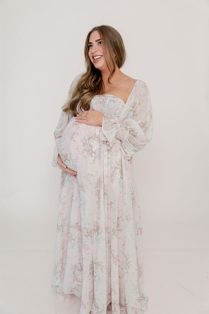 Delilah Maxi Dress with Train in Muted Blush Floral - Bump Friendly
