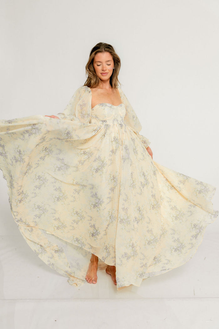 Delilah Maxi Dress with Train in Muted Peach Floral - Bump Friendly