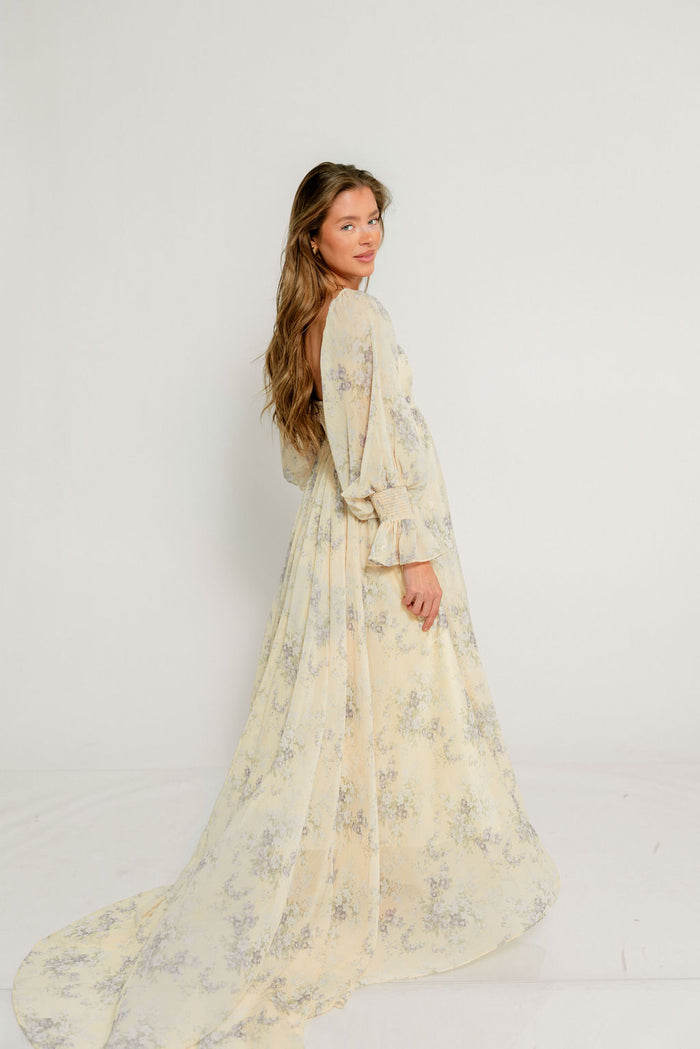 Delilah Maxi Dress with Train in Muted Peach Floral - Bump Friendly