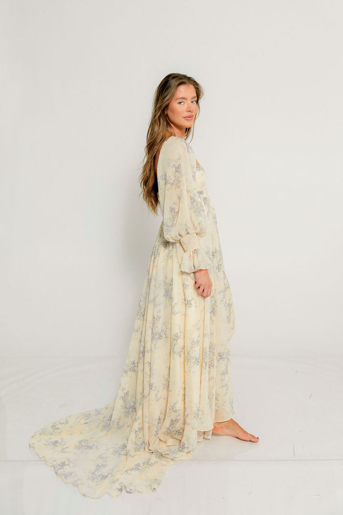 Delilah Maxi Dress with Train in Muted Peach Floral - Bump Friendly