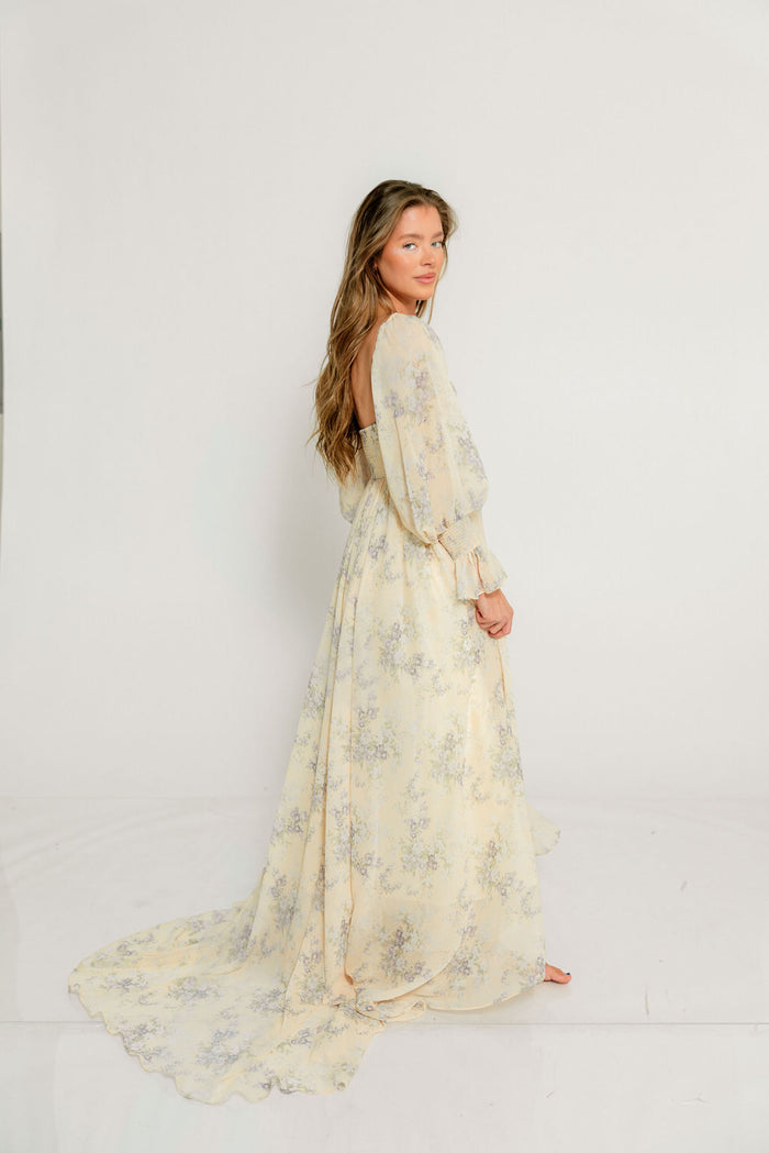 Delilah Maxi Dress with Train in Muted Peach Floral - Bump Friendly