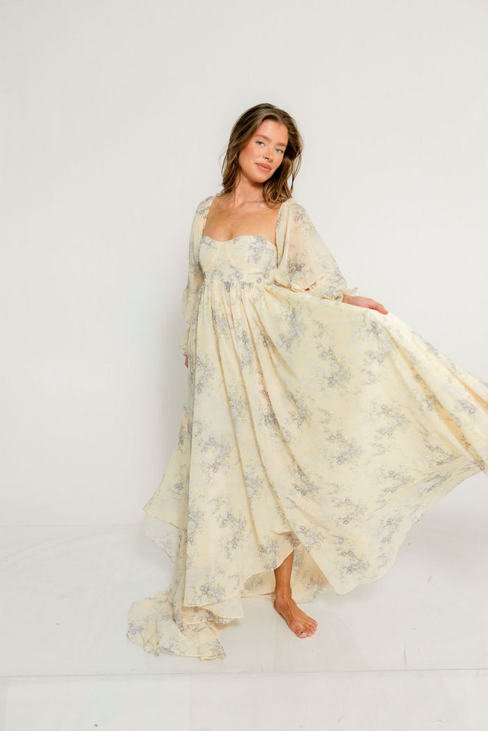 Delilah Maxi Dress with Train in Muted Peach Floral - Bump Friendly