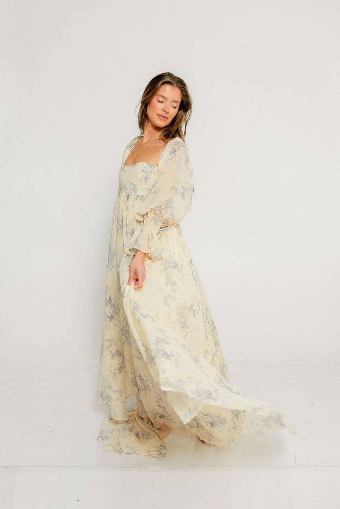 Delilah Maxi Dress with Train in Muted Peach Floral - Bump Friendly