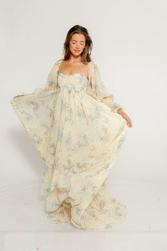 Delilah Maxi Dress with Train in Muted Peach Floral - Bump Friendly