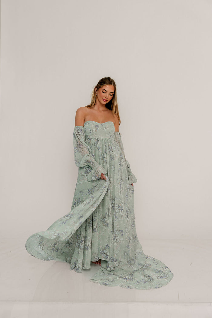 Delilah Maxi Dress with Train in Muted Sage Floral - Bump Friendly