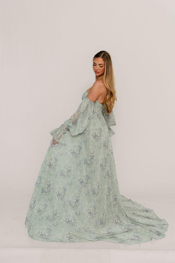 Delilah Maxi Dress with Train in Muted Sage Floral - Bump Friendly