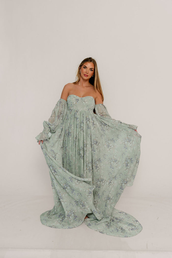 Delilah Maxi Dress with Train in Muted Sage Floral - Bump Friendly