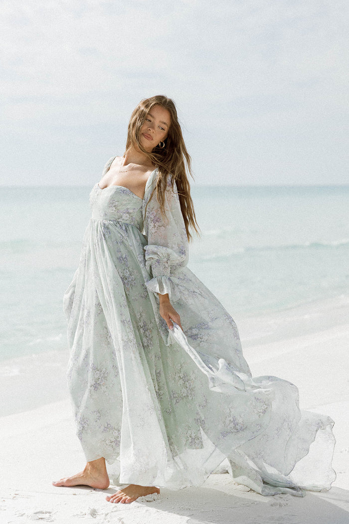 Delilah Maxi Dress with Train in Muted Sage Floral - Bump Friendly