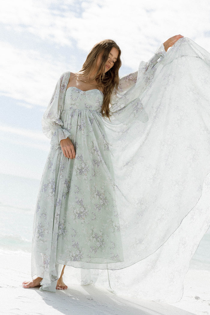 Delilah Maxi Dress with Train in Muted Sage Floral - Bump Friendly