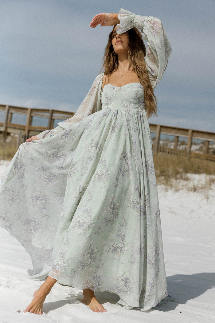 Delilah Maxi Dress with Train in Muted Sage Floral - Bump Friendly