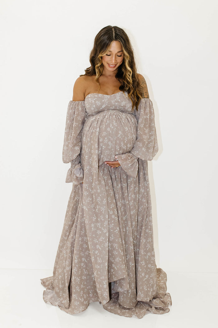 Delilah Maxi Dress with Train in Taupe - Bump Friendly