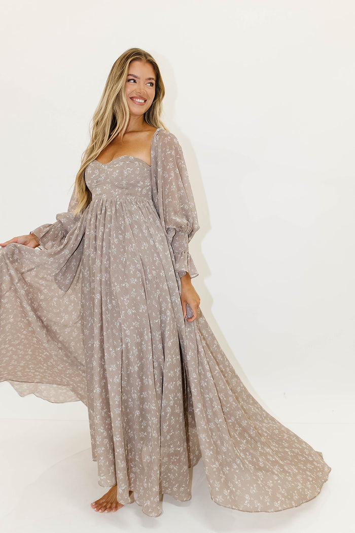 Delilah Maxi Dress with Train in Taupe - Bump Friendly