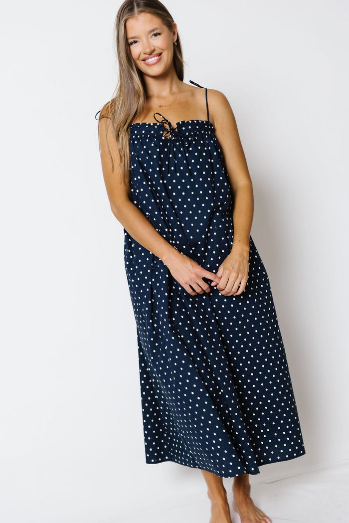 Dellanie Polka Dot Midi Dress in Midnight