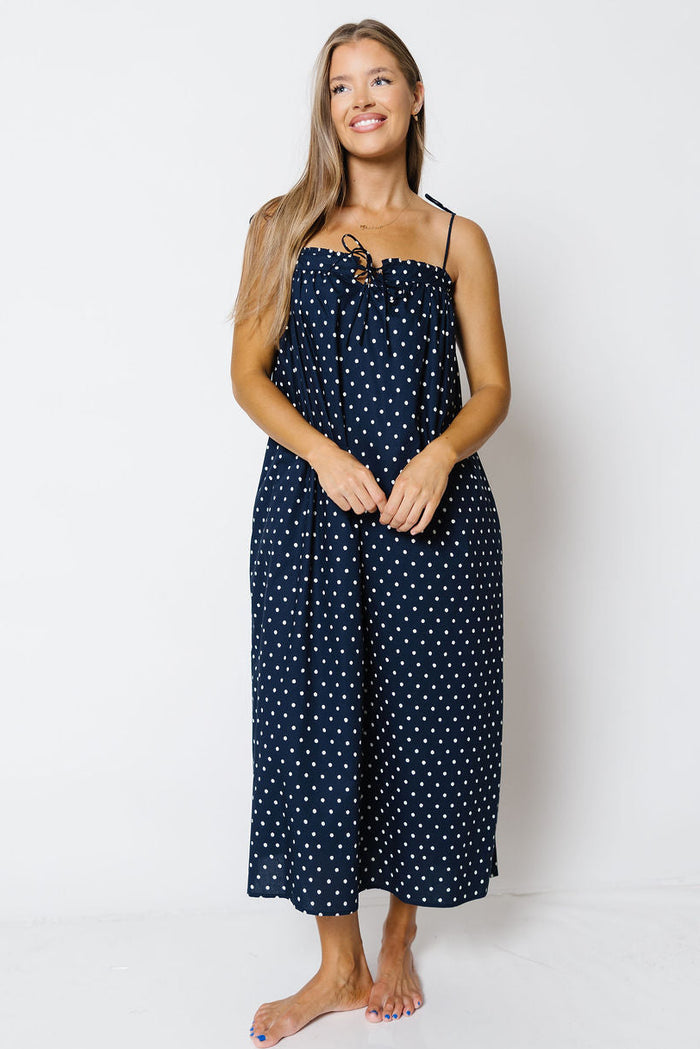 Dellanie Polka Dot Midi Dress in Midnight