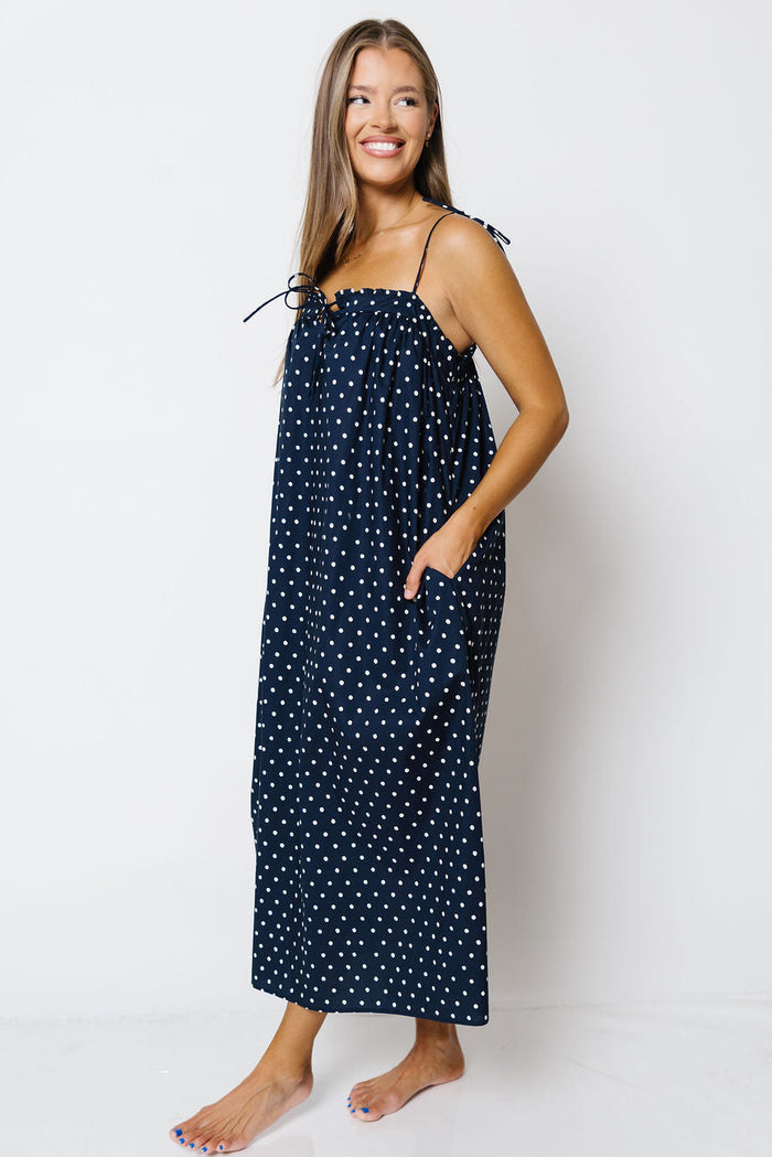 Dellanie Polka Dot Midi Dress in Midnight