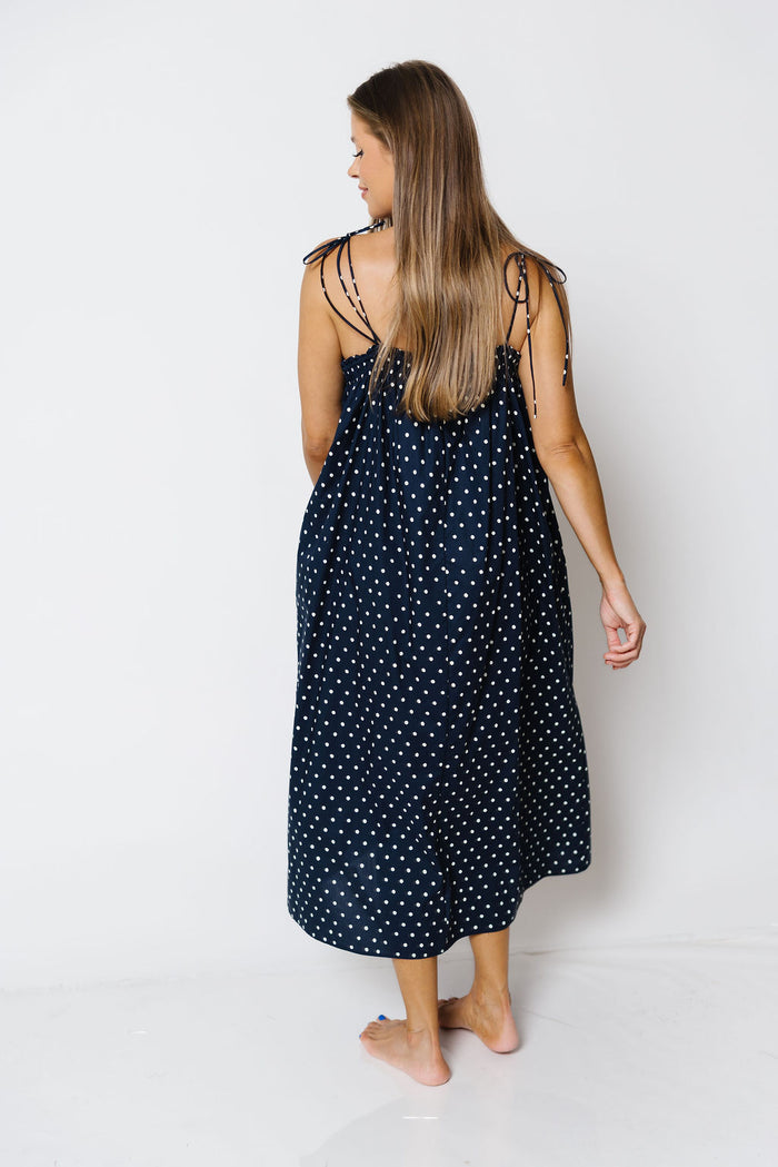 Dellanie Polka Dot Midi Dress in Midnight