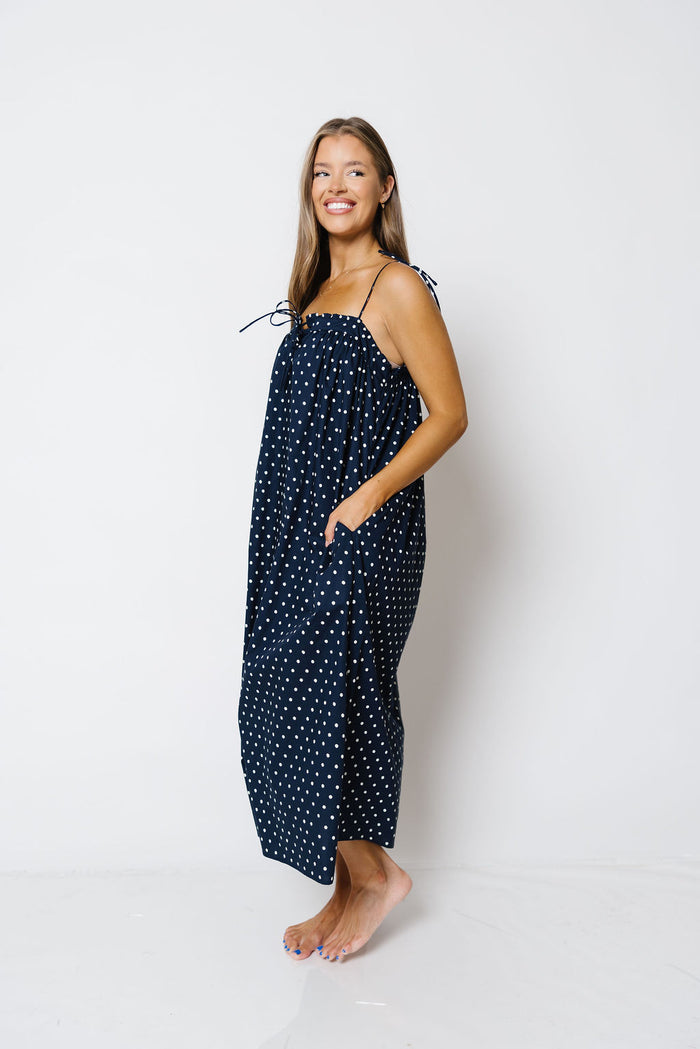 Dellanie Polka Dot Midi Dress in Midnight