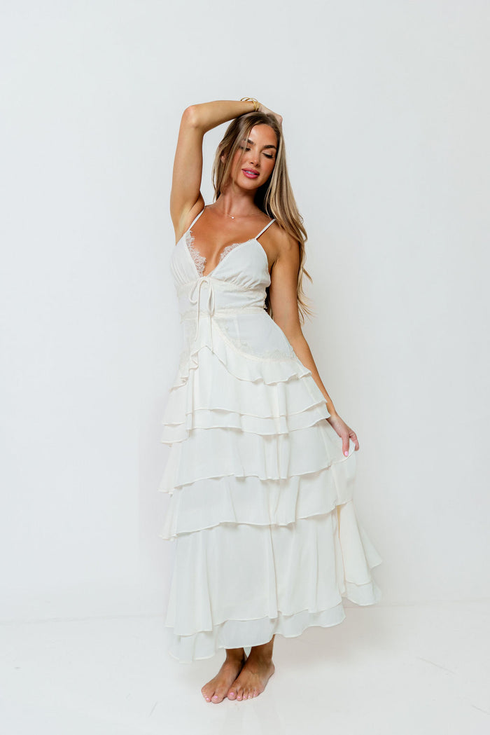 Delta Lace Trim Tiered Midi Dress in Ivory