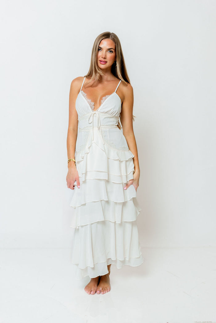 Delta Lace Trim Tiered Midi Dress in Ivory