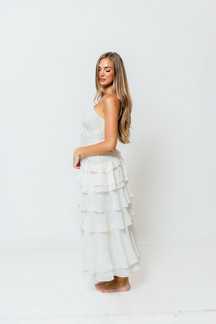 Delta Lace Trim Tiered Midi Dress in Ivory