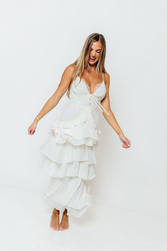 Delta Lace Trim Tiered Midi Dress in Ivory