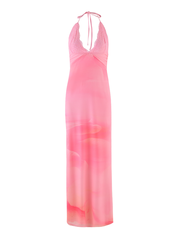 The TIGERMIST DENAE MAXI DRESS in Pink Blossom features a sleeveless halter-neck, plunging neckline, and subtle floral gradient patterns. Its fitted bodice flows straight to the floor for an elegant look.
