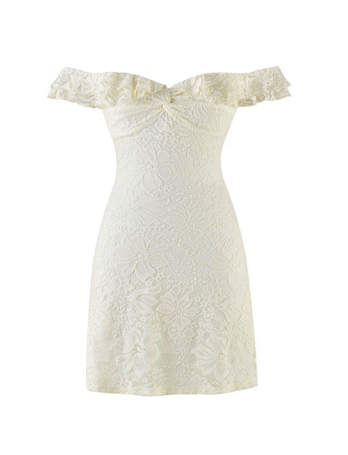 The DENALI LACE MINI DRESS by TIGERMIST showcases a chic off-shoulder design with a ruffled neckline, fitted silhouette, and delicate floral cream lace, displayed on a plain white background.
