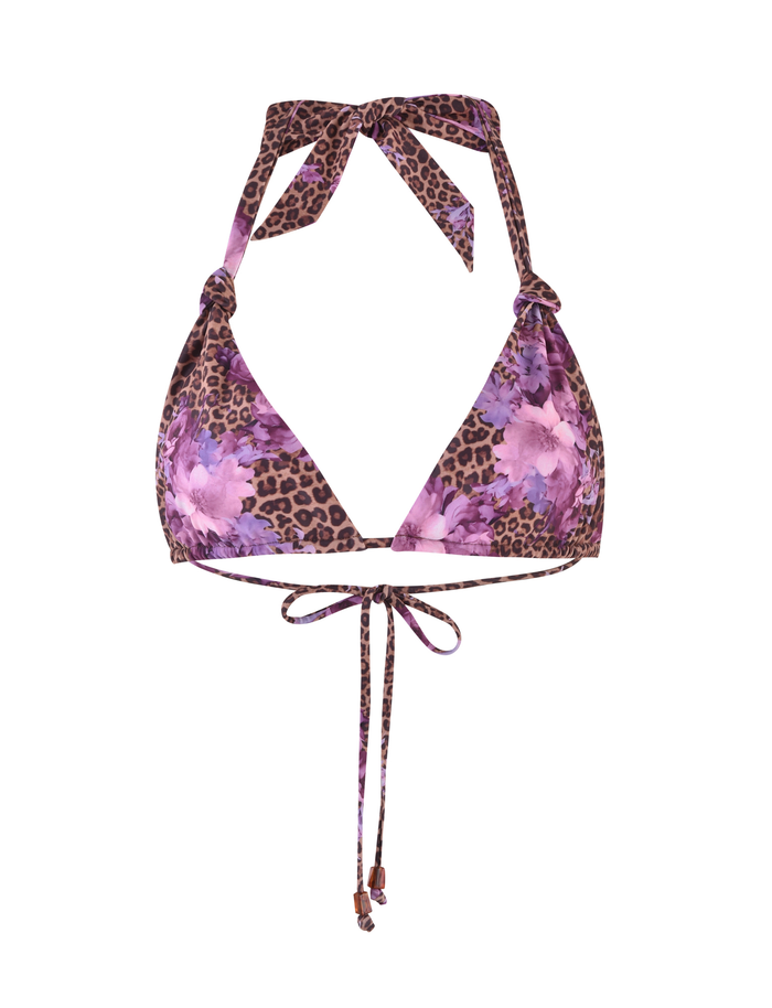 The DESIRAE BIKINI TOP by TIGERMIST features a halter neck and back ties, crafted from high stretch fabric with a bold purple, brown, and pink floral leopard print.