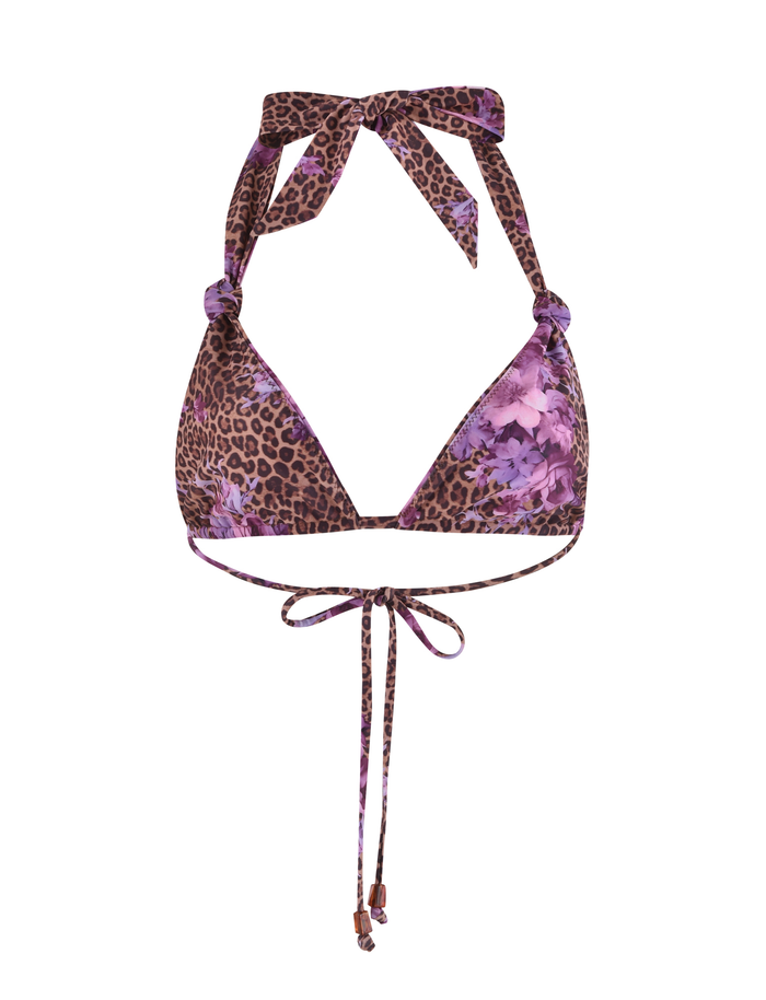 The TIGERMIST DESIRAE BIKINI TOP features a halter-neck, back tie, and long thin ties with metal ends, crafted from high stretch fabric in a bold purple floral leopard print.